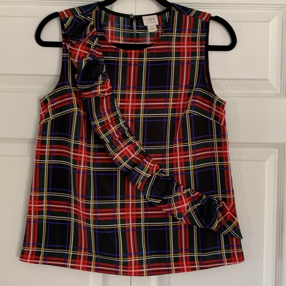 J. Crew Factory Plaid Ruffle Blouse Size P4 Red Green Black Holiday Colours - Picture 11 of 12